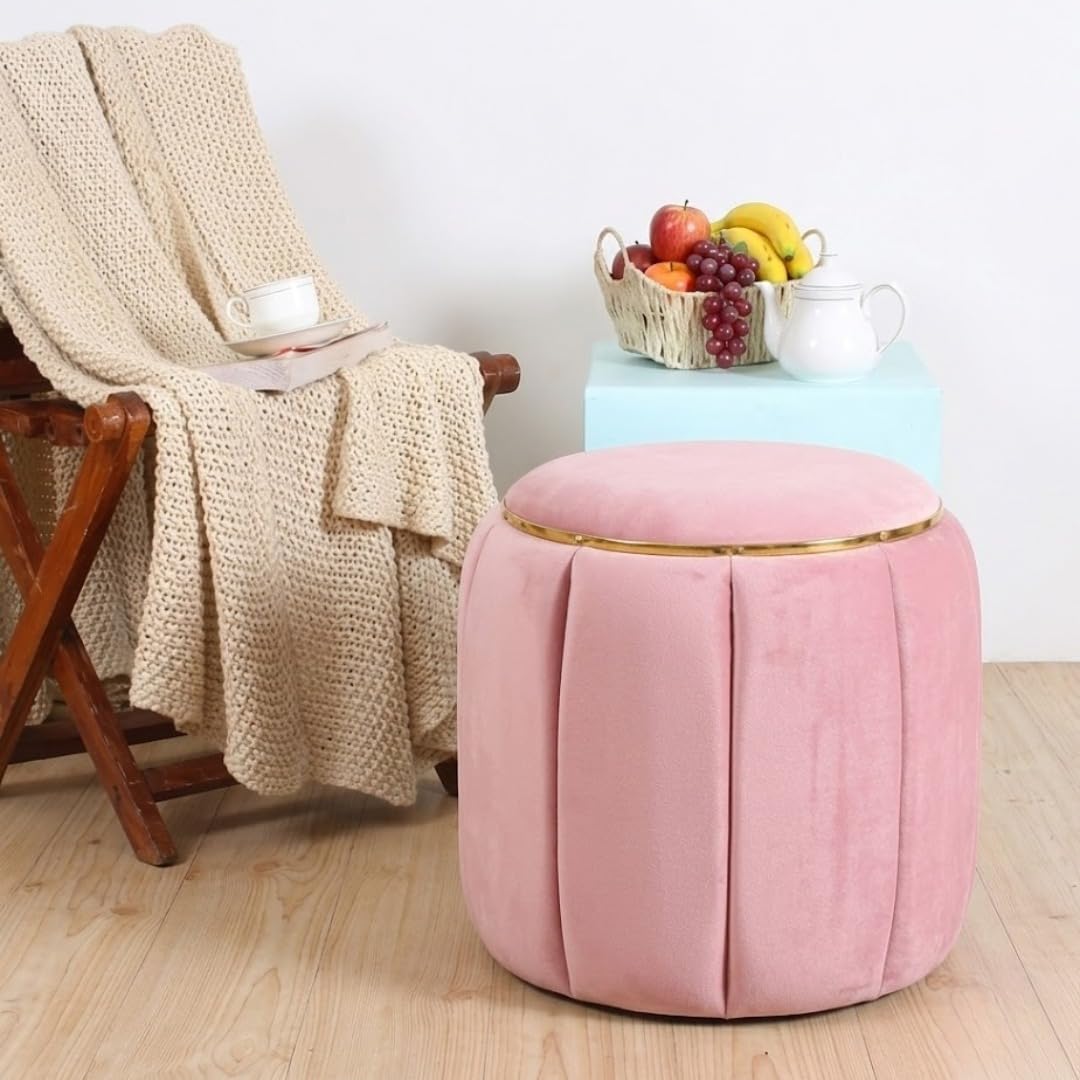 Round Velvet Pouffe Ottoman Stool | Upholstered Cushioned Footrest Seat | Modern Foot Stool | Chair Vanity Stool for Living Room Bedroom or Office (Pink)-image-47