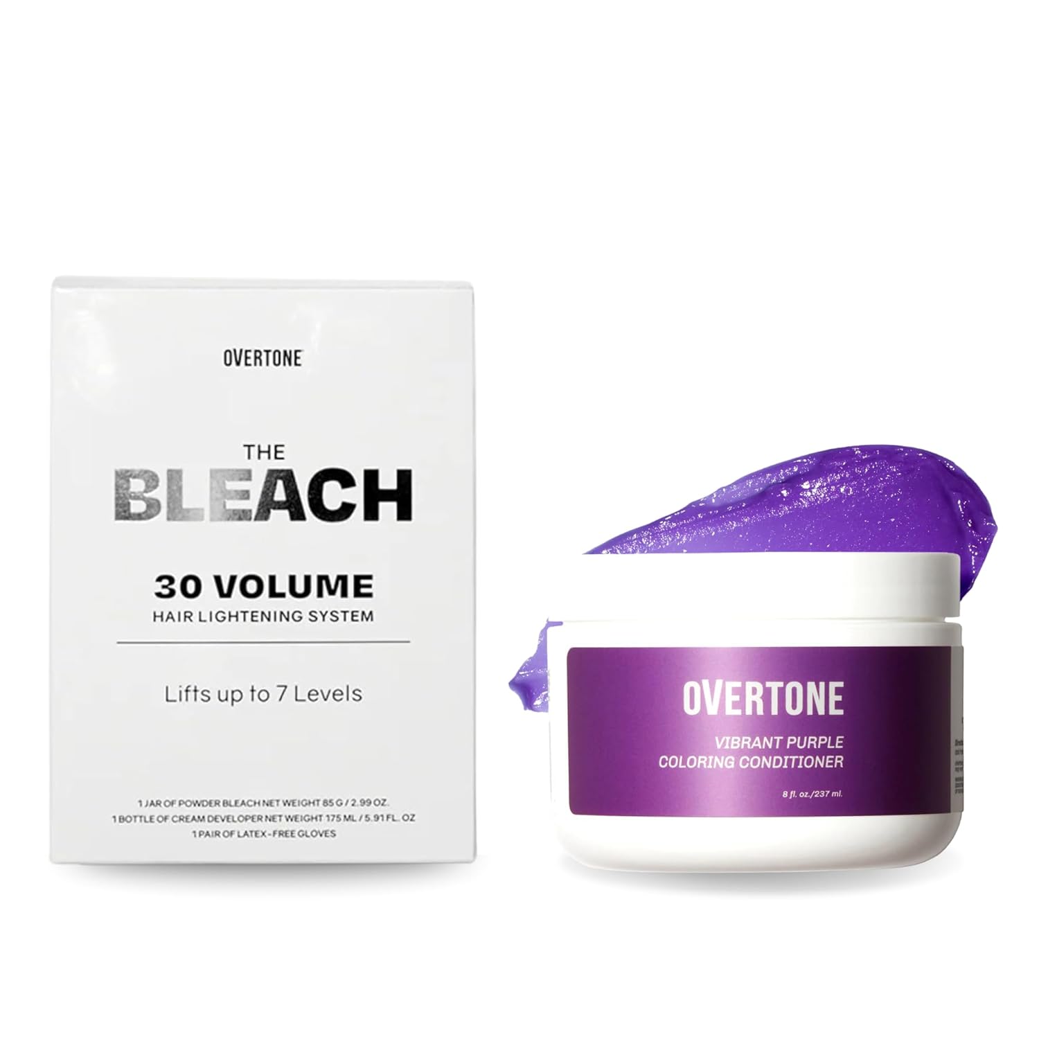 Overtone Color Depositing Semi-Permanent Hair Dye Conditioner - 8 oz For Natural & Color-Treated Hair, The Bleach 30 Volume Hair Lightening Kit - Professional-Grade Included - Vibrant Purple