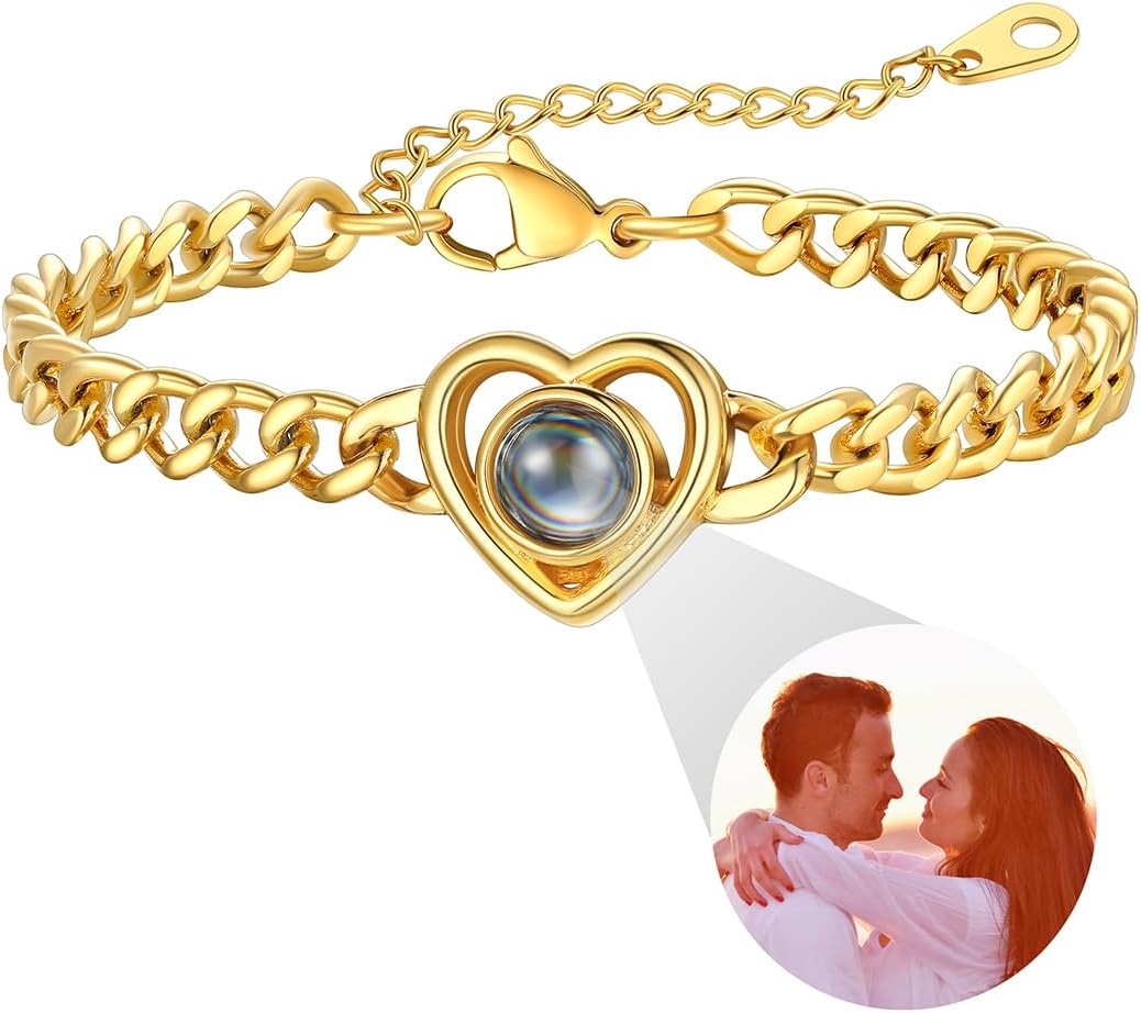 Custom4U Personalized Bracelet with Picture Inside, Silver/Gold Projection Photo Bracelet for Women, 5mm Width 16+5cm Length Brass Chain for Her Jewelry Gifts for Birthday, Anniversary