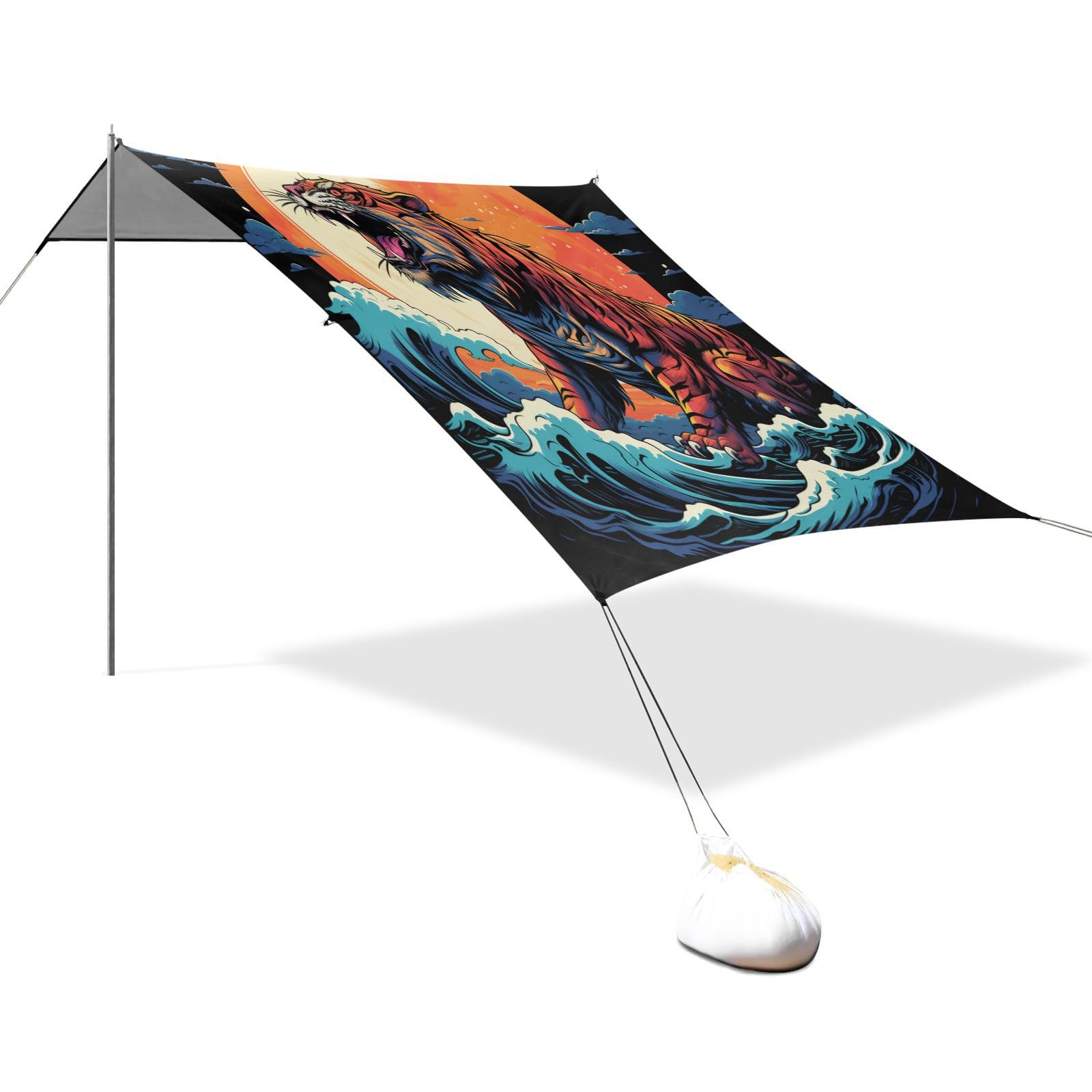 Acuarela Arte Tigre Luna Tienda de Playa de FáCil Montaje,Toldo Parasol para Camping con Sacos de Arena,Palas y Estacas para Picnics Al Aire Libre