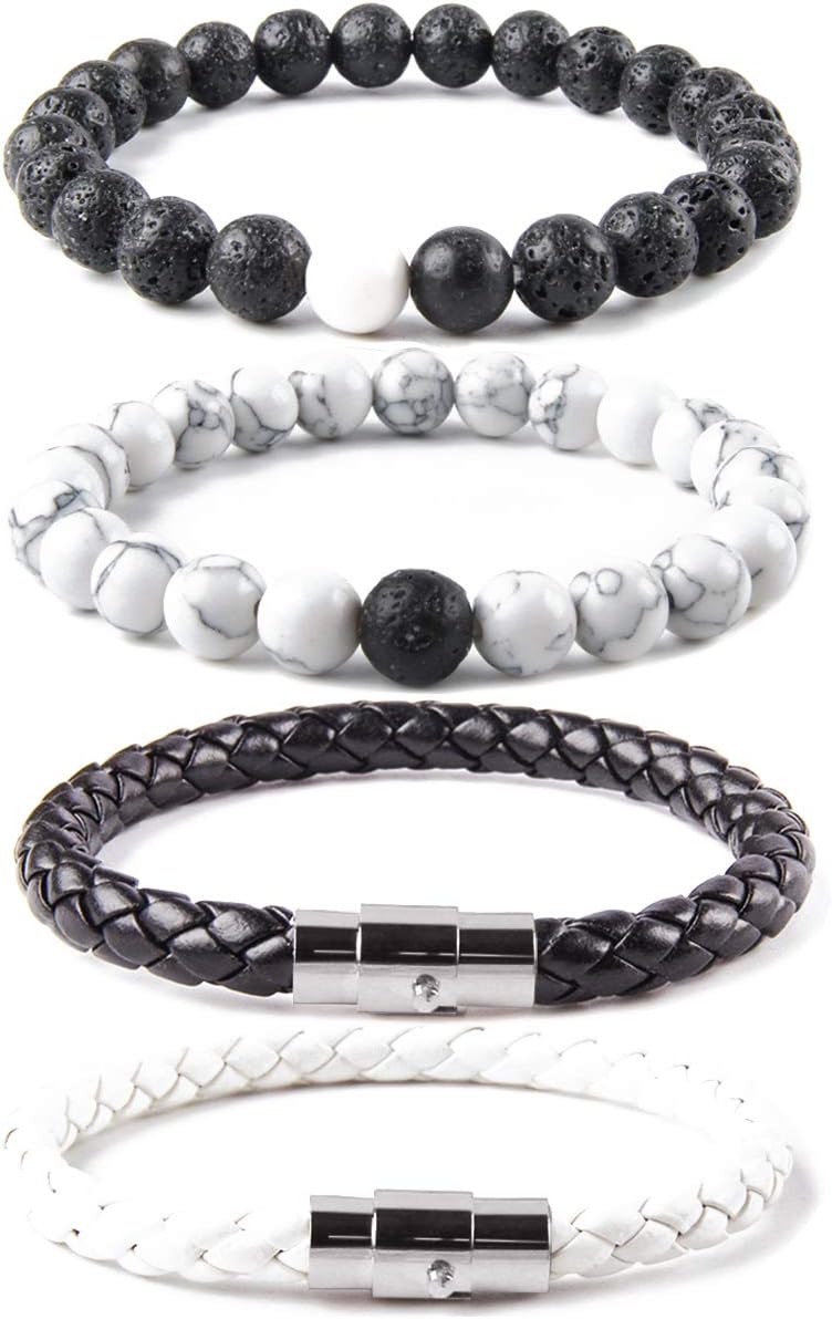 Elejolie 4 Pcs Bead Bracelet for Men Women Distance Braided Leather Cuff Wrap Stone Beaded Bracelets Set Black and White 7.5 inches