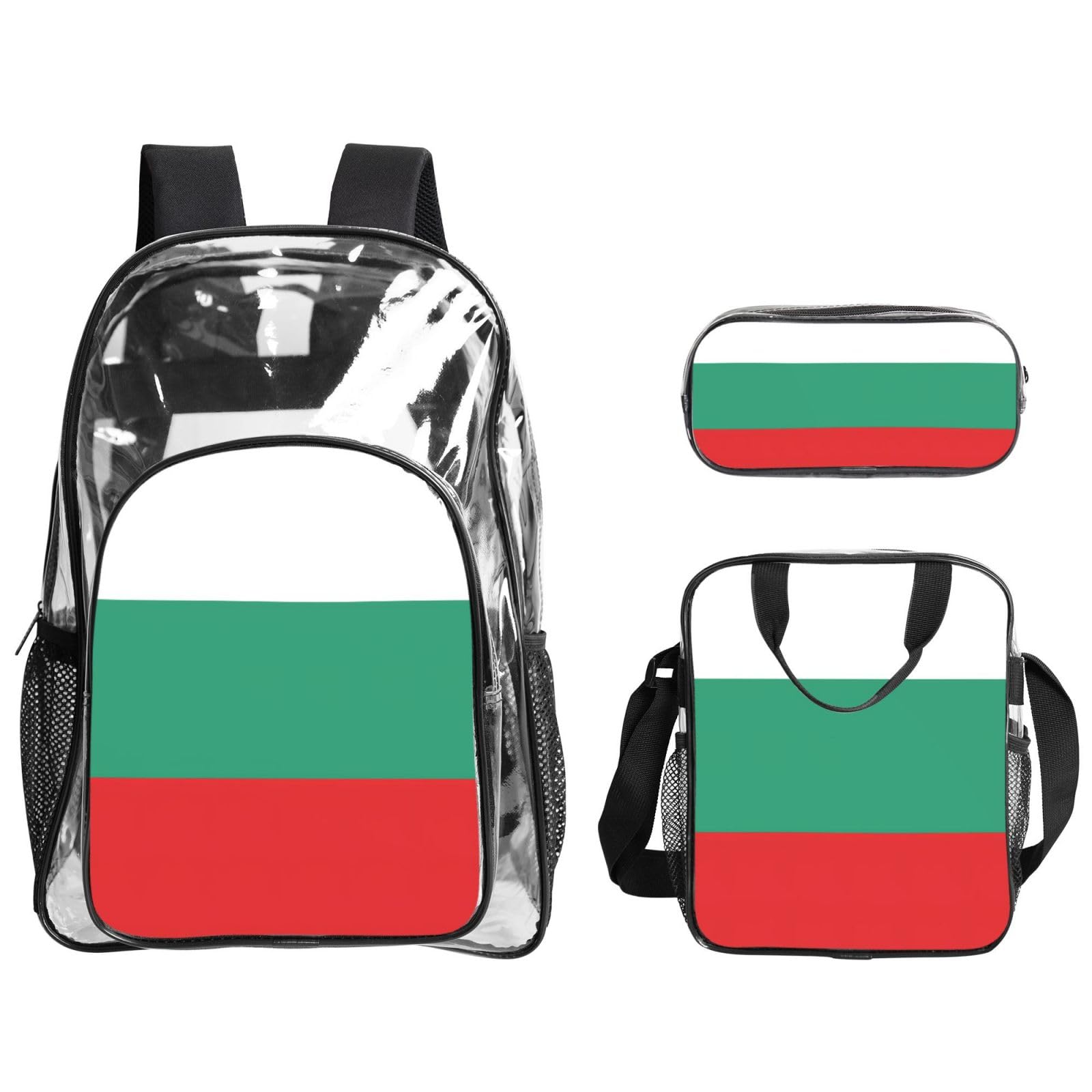 Bułgarska flaga nadruk unisex przezroczysty plecak zestaw 3-częściowy przezroczysty lunch piórnik podróżny na zewnątrz