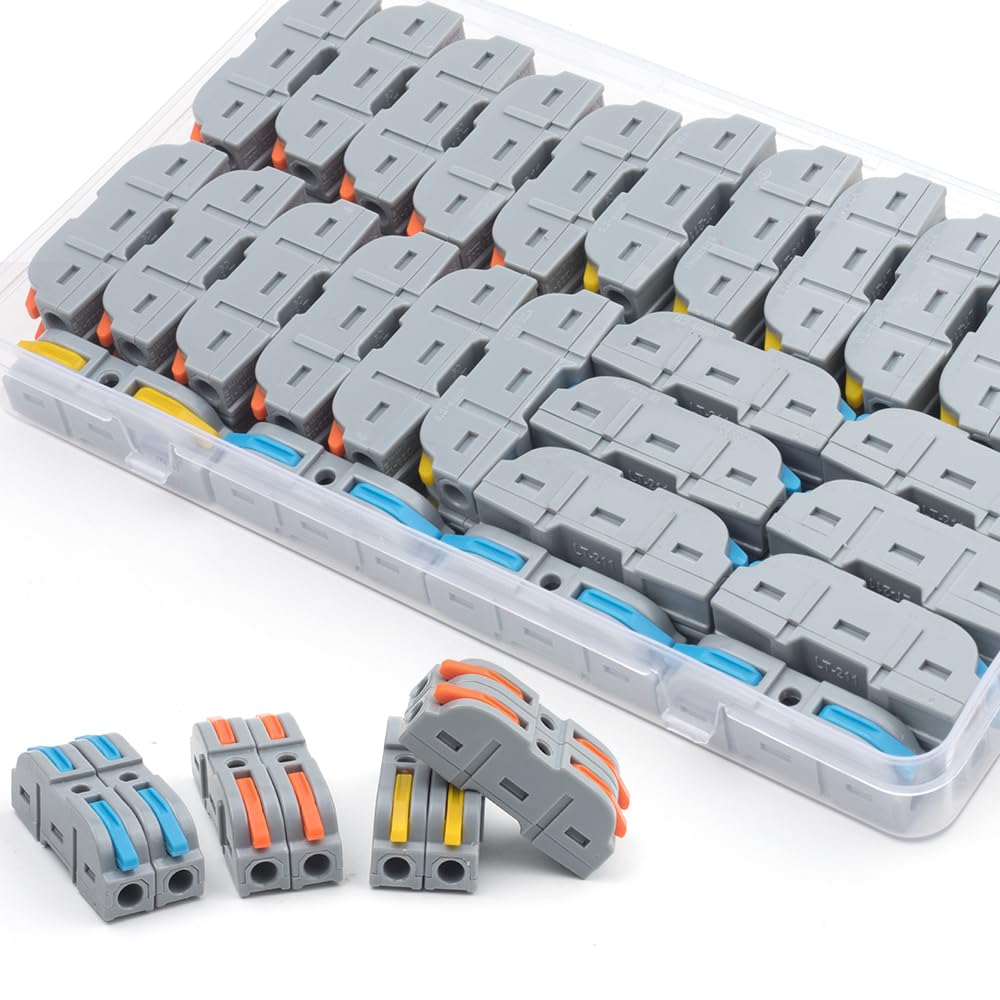 50PCS Lever Wire Connectors Quick Docking Cable Connectors Electrical Splicing Connectors 1 in 1 Out Home Junction Box 28-12 AWG(Boxed NC-221T Color)