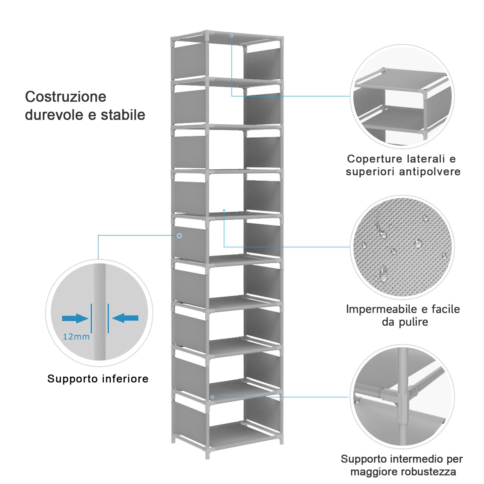 Esonstyle Scarpiera a 10 Ripiani in Metallo - Stretta per 10 Paia di Scarpe Alte - Salvaspazio Slim per Soggiorno, Ingresso, Corridoio e Guardaroba