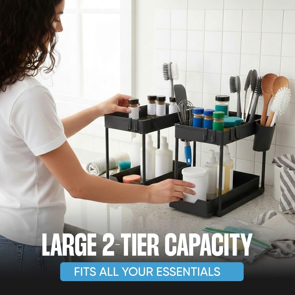 Undersink Organizer, 2-Tier Under Sink Storage Rack with Sliding Drawers for Kitchen Bathroom Cabinets, Pull Out Organizer for Pantry, Laundry Room & Closet Organization - 2 Pack, Black