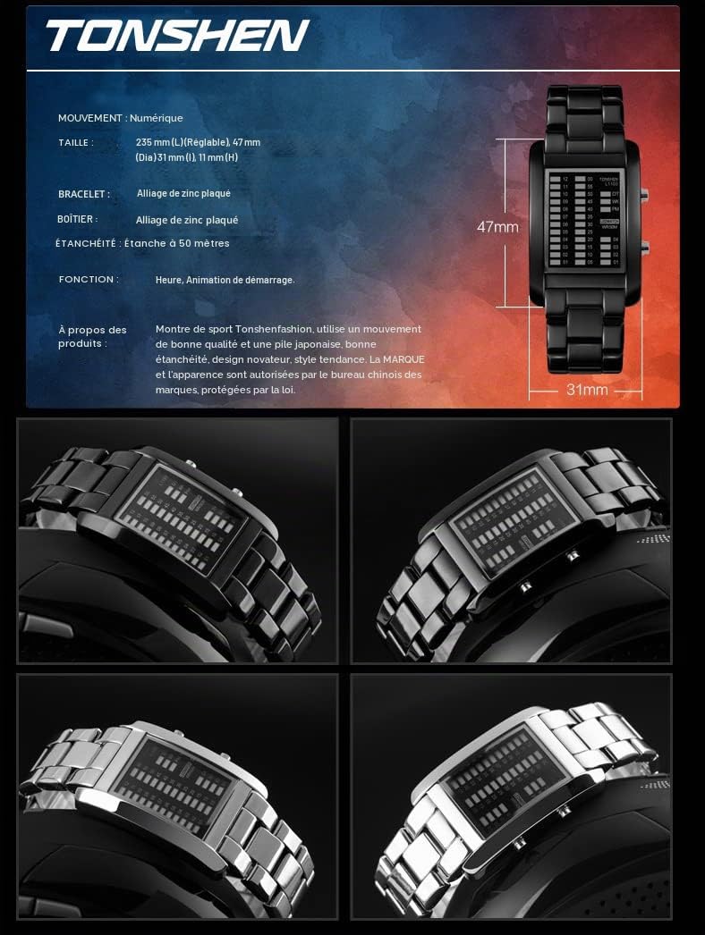 TONSHEN Conception Unique Binaire Montre Bracelet Homme et Femme Garçon, 50M Etanche LED Digital Cool Acier Inoxydable Mode Montre Date Calendrier Semaine 4 Couleur Lampe Montres Rectangulaire