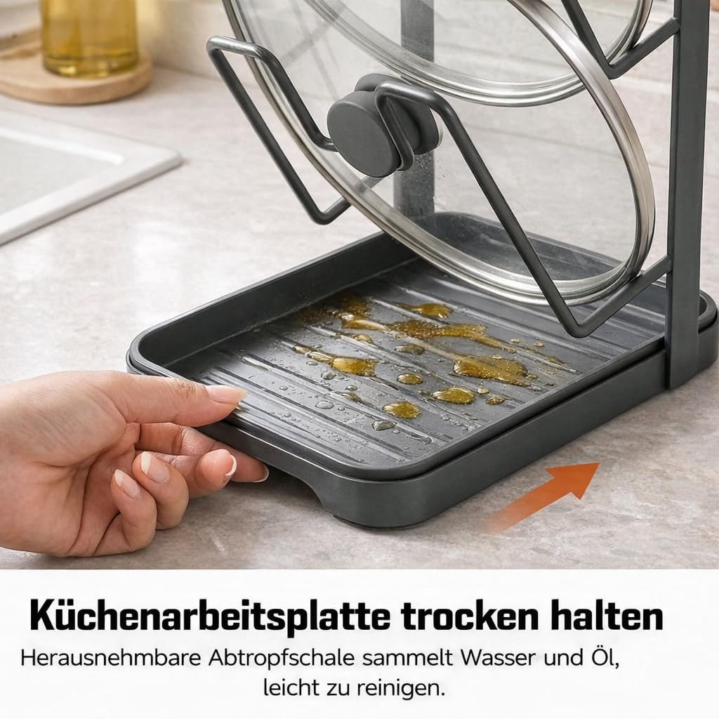 Edelstahl Doppellagig Topfdeckel Organizer Mit Löffelablage, 2-in-1 Topfdeckelhalter,Stabile Aufbewahrung, Platzsparend, Leicht zu Reinigen,für Kochlöffel und Utensilien