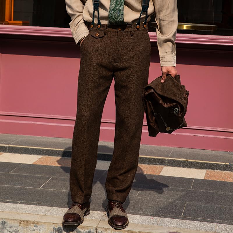 Men's Vintage Wool Herringbone Dress Pants Casual Straight Leg Slacks2
