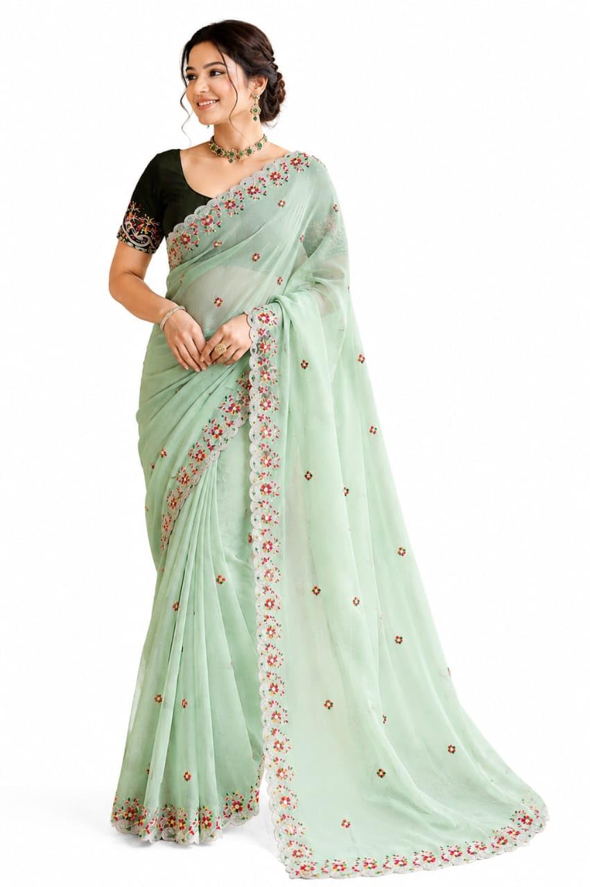 Women's Star Georgette Embroidered Saree with Unstitched Blouse | Floral Embroidery Border | Lightweight Wedding, Festive & Traditional Saree-picture-24