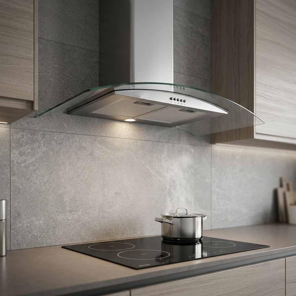 Suinga Campana de Cristal y Acero | 100W | Iluminación LED | Extracción Eficiente de Humos y Olores | Medidas 90 x 47 x 60,3-94,8 cm | Diseño Moderno y Funcional para Cocinas