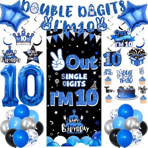 10th Birthday Decorations for Boys Blue Double Digits Birthday Party Supplies with Out Single Digits Im 10 Backdrop Balloons Glitter Banner for 10 Year Old Birthday Decoration
