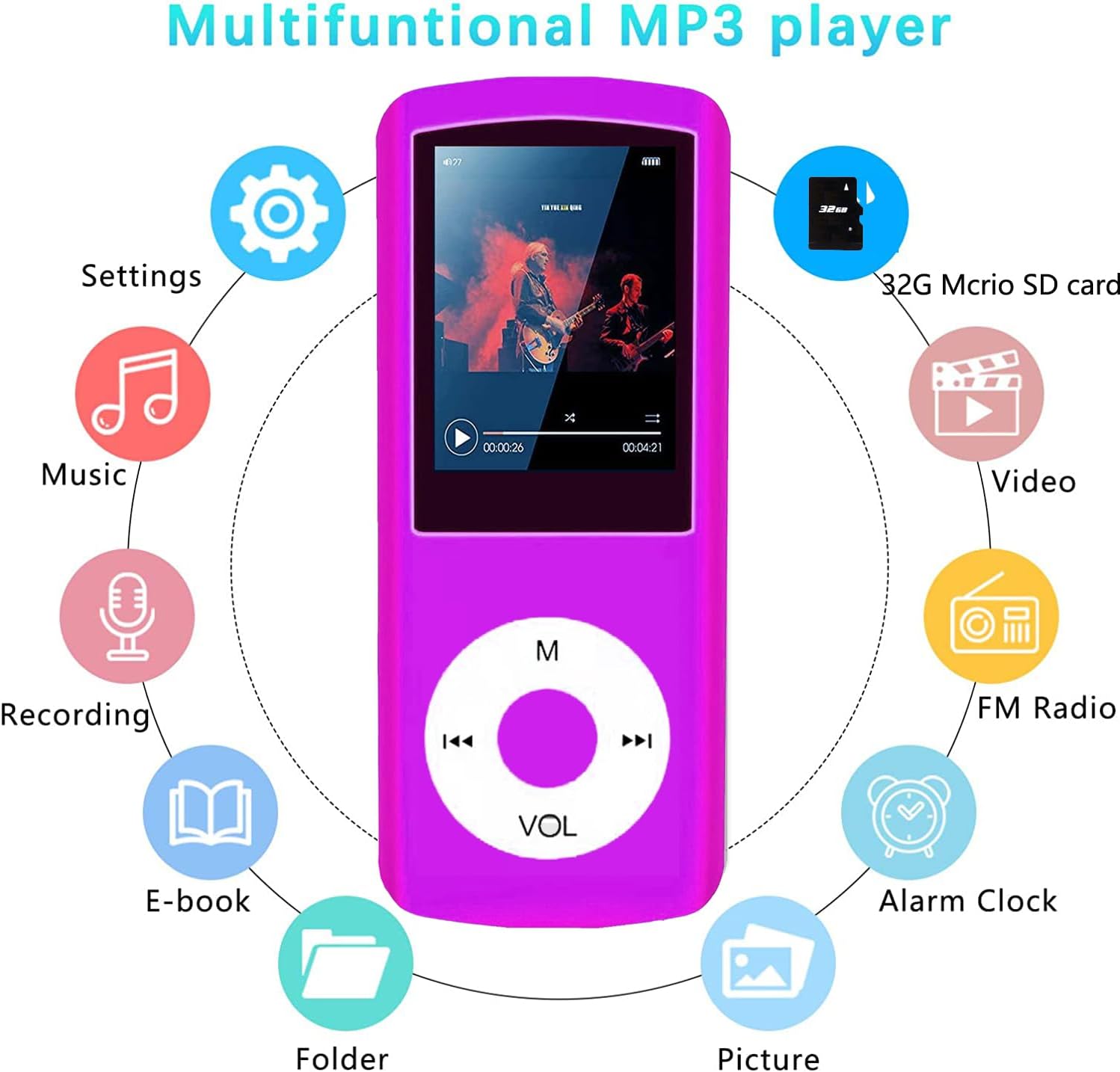64GB MP3 Player, Hotechs MP3 Music Player with Slim Classic Digital LCD 1.82'' Screen Mini USB Port with FM Radio, Voice Record (Shine Pink)