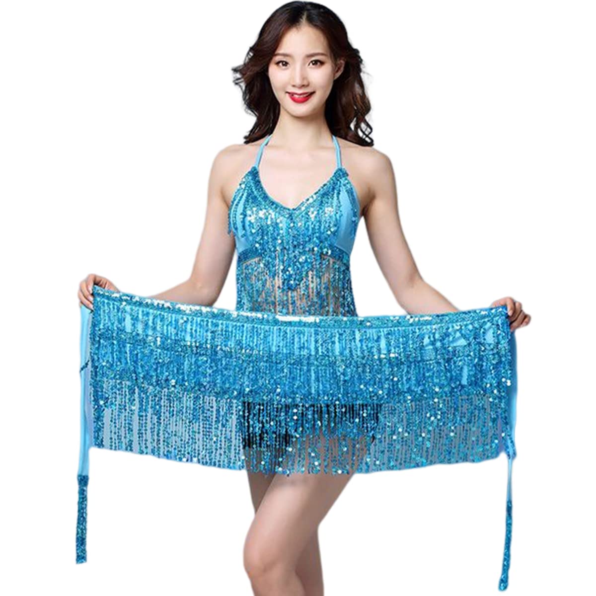 Belly Dance Skirt w/ Sequin Tassel & Hip Scarf - Latin Dance Hula Performance Outfit for Women & Girls (Light Blue)