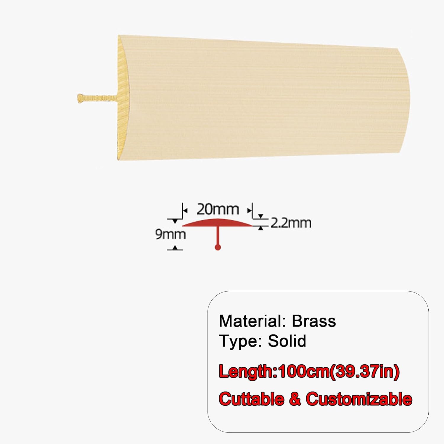 Brass Solid Threshold Transition Strip T Molding, Gap Smooth Joining Edging Strip for Tile to Wood, Cuttables Divider Bar (width20mm*height9m)