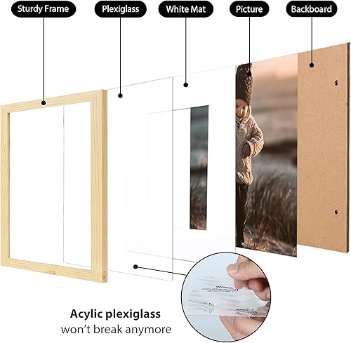 Vista 64 de KINLINK Juego de 2 portarretratos de 6 x 8 pulgadas, marco de fotos de madera mate de 4 x 6 pulgadas con plexiglás para 4 x 6 con paspartú o 6 x 8