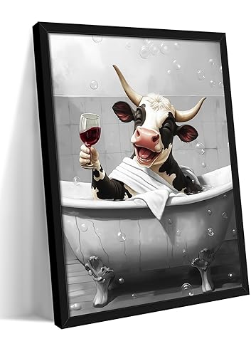 Framed Funny Cow Bathroom Wall Art, Rustic Black and White