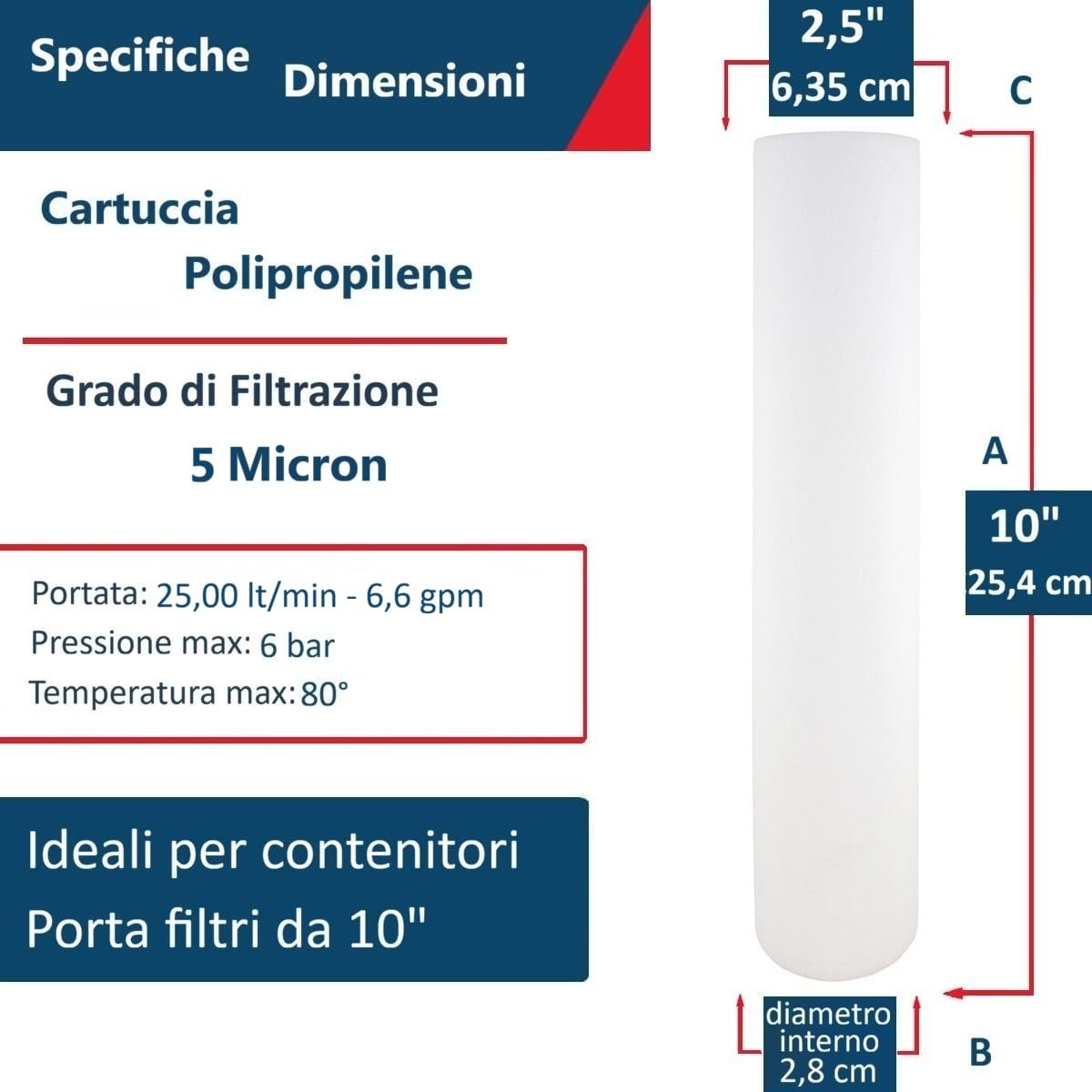 CARTUCCIA FILTRO A SEDIMENTI 10 POLLICI MICRON 5 PER OSMOSI INVERSA DEPURATORE ACQUA SET 10 PEZZI