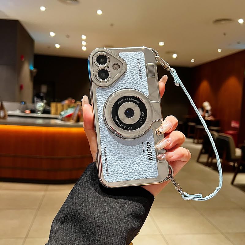 Image of LuxuryKase Retro Vintage Camera Style Case for iPhone 16 Plus | 3D Lens Design | Hand Strap | PU Leather Finish | Soft TPU Edge | Stylish Fashion Cover - Sierra Blue