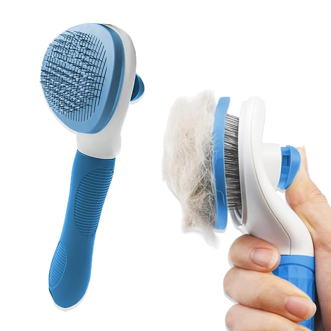 Petola Dog & Cat Hair Brush with Easy Clean Push Button - Pet Grooming Massage Brush for Cats & Dogs with Soft Grip, Beaded Bristles