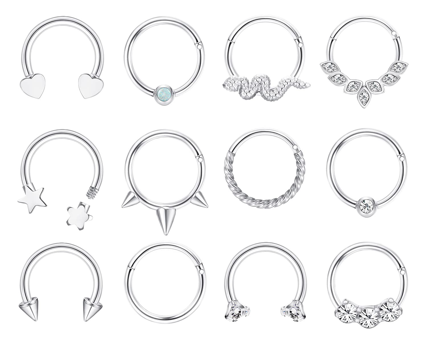 MILACOLATO 16G Septum Anillo Piercing Acero Inoxidable Labio Nariz Aro Plata Oro 8mm 10mm CZ Estrella Corazón Cartílago Tragus Helix Pendientes Daith Conch Piercing Joyas Para Mujer