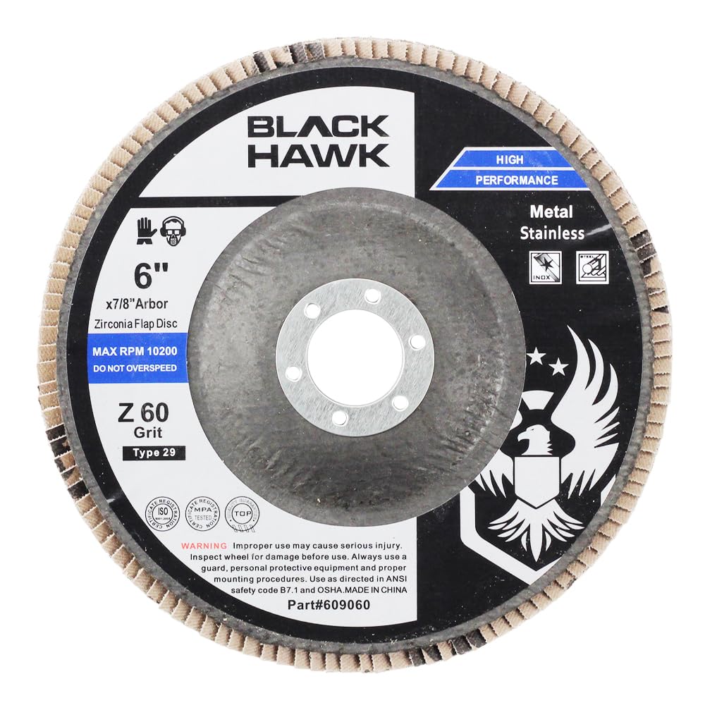 BHA 6 Inch Zirconia Abrasive Flap Discs Angle Grinder Wheels for Deburring, Blending, Rust Removal, Grinding Metal or Sanding Wood Type 29, 6” x 7/8” - 10 Pack (60 Grit)