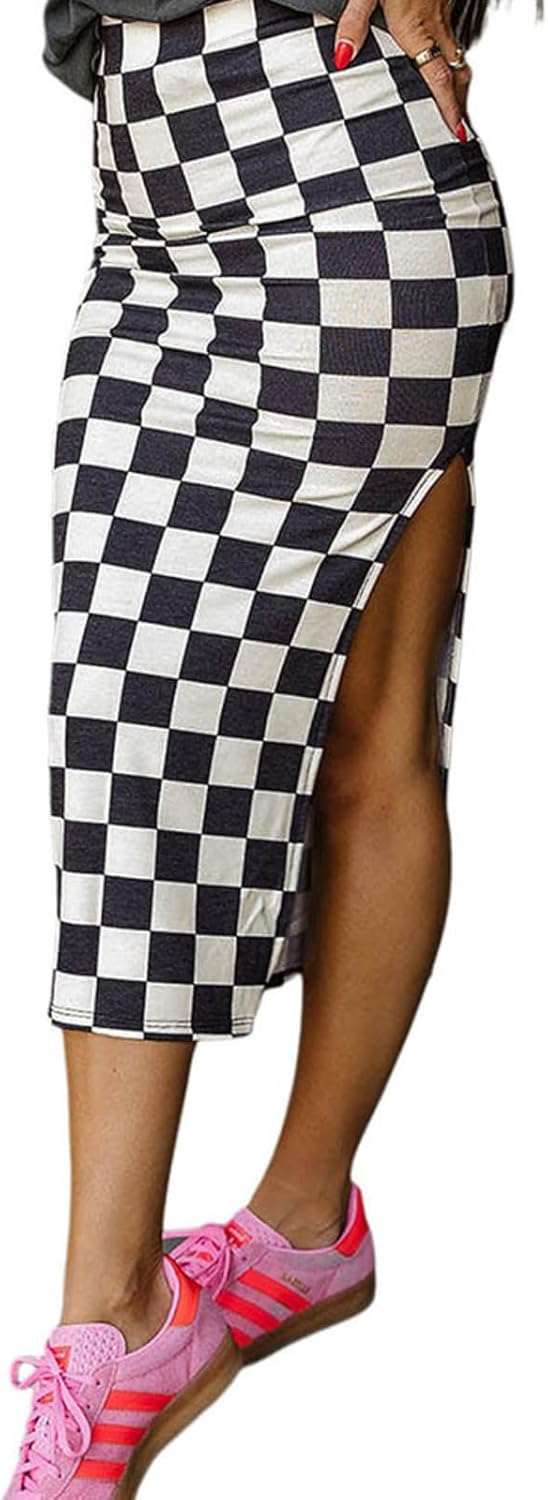 Apvirdy Plaid Skirt for Women Trendy High Waist Side Split Checkered Skirt Sexy Slim Fit Casual Midi Skirts