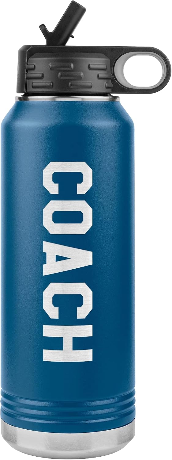 Coach Water Bottle - Coach Gift - 32oz Insulated Engraved Stainless Steel Flip Top with Straw Pewter
