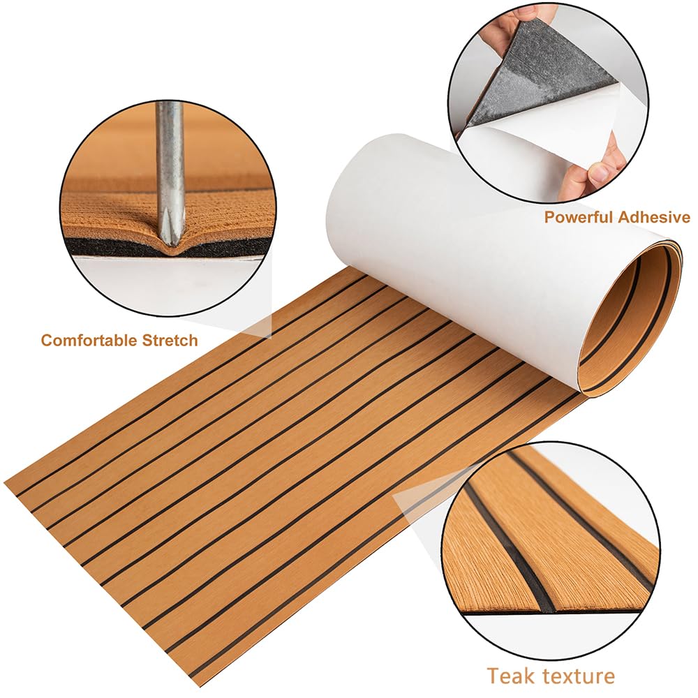 OCEANBROAD 3M Self-Adhesive 96''x36'' EVA Foam Boat Flooring Faux Teak Marine Boat Decking Sheet Non-Slip Mat For MotorBoats Pontoon Yacht Helm Pad Jon Boat Floor, Gray With Black Seam Lines