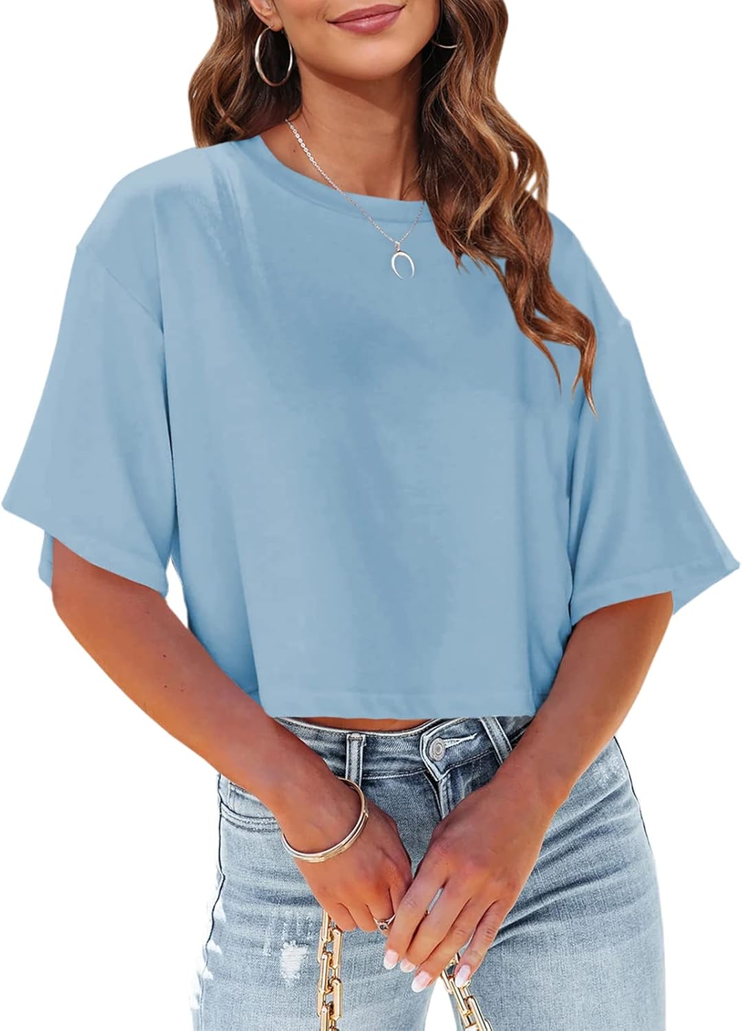 Tankaneo Women Half Sleeve Cropped T-Shirts Drop Shoulder Round Neck Crop Tops Casual Summer Solid Color Basic Tees