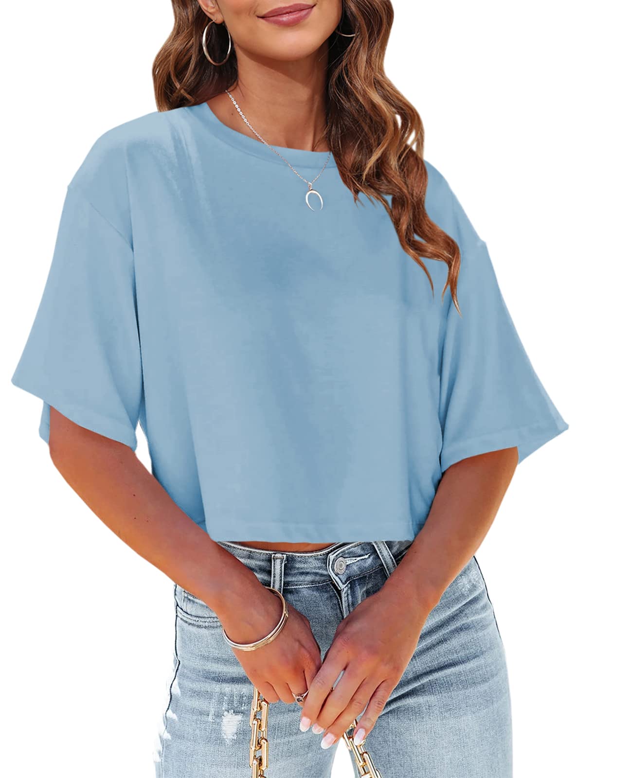 Tankaneo Women Half Sleeve Cropped T-Shirts Drop Shoulder Round Neck Crop Tops Casual Summer Solid Color Basic Tees
