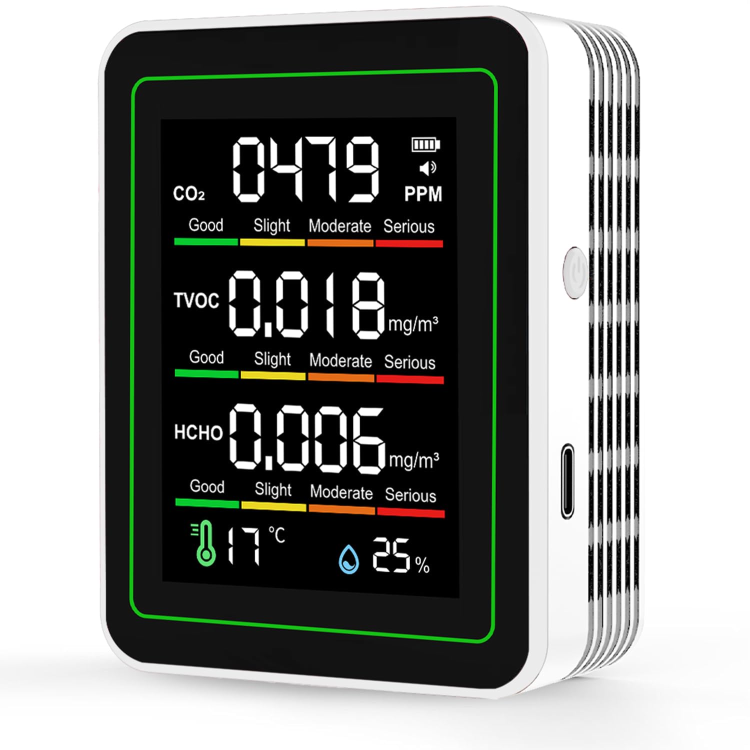 QingRain 5-in-1 Indoor Air Quality Monitor, CO2 Monitor Portable CO2 Monitor with Formaldehyde TVOC Tester, Temperature Humidity Detector-Professional Clean Air Meter for Confined Space (White)