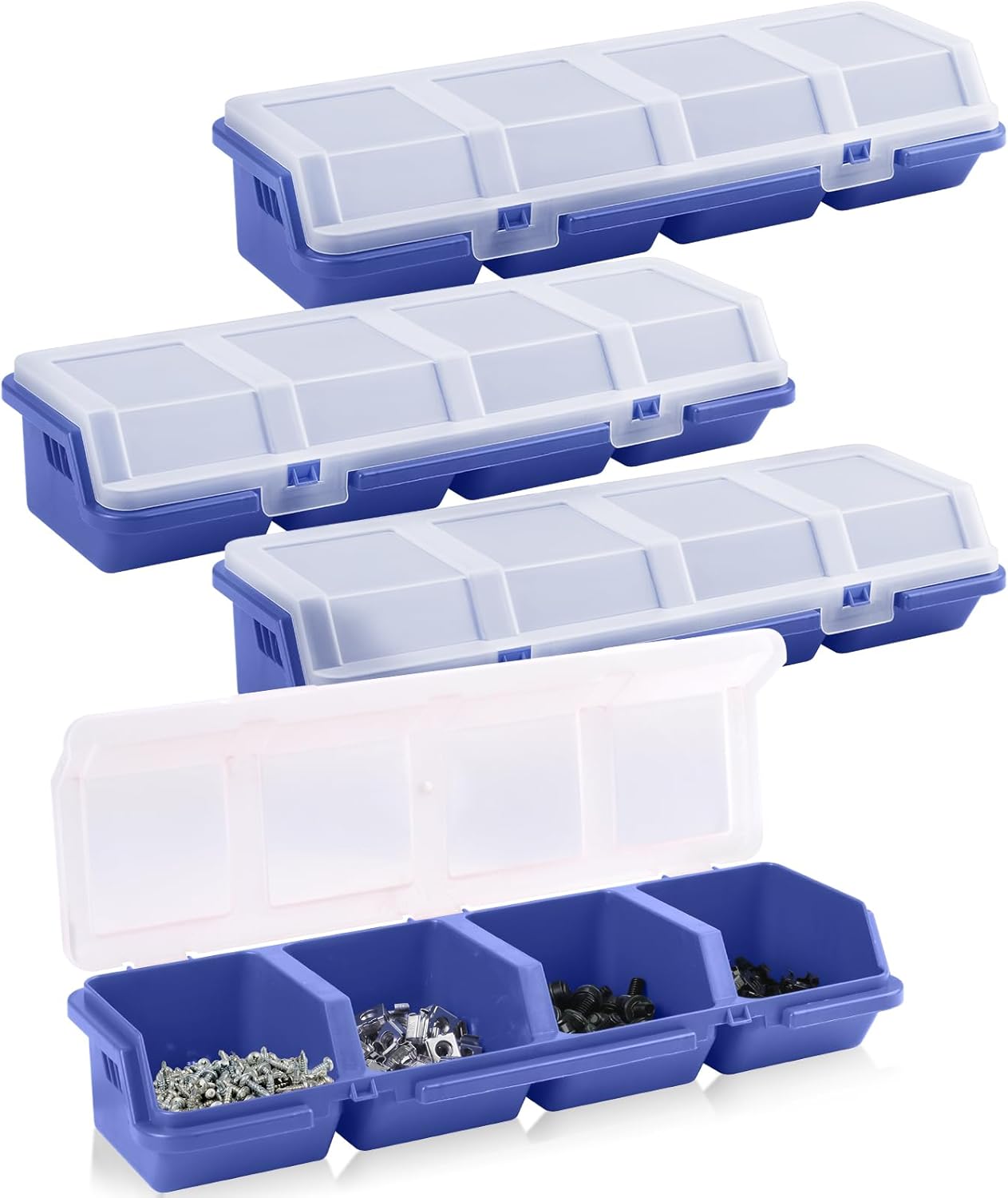 4 Pack Screw Organizer Box with Lids, 4 Compartments Tool Bin Stackable Sorting Screw Toolbox for Garage Nails Hardware Workbench Organizing Storage, Blue