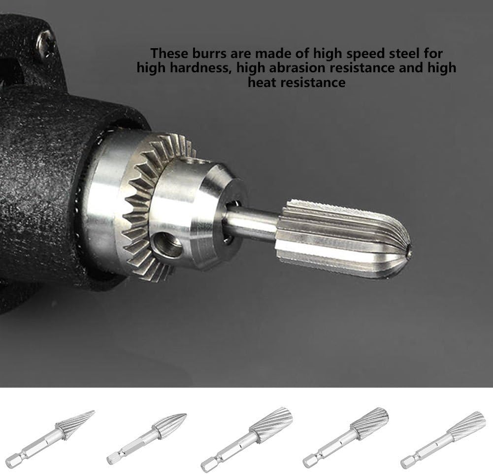 Rotary Burr Set,5PCS 1/4 Inch Hex Shank Rotary File Combination Grinding Milling Cutter Files Tools for Wood Metal Engraving Working Carving Polishing and Drilling