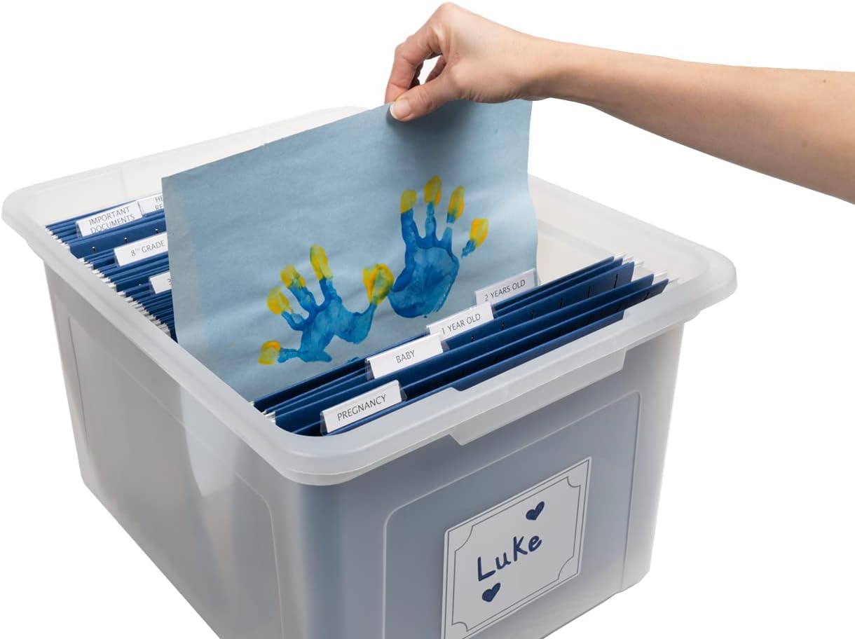 Generic Kid's Craft Memory Keepsake Organizer Box - Clear Storage Latching Bin with Hanging File Folders and Custom Tab Inserts (Navy)