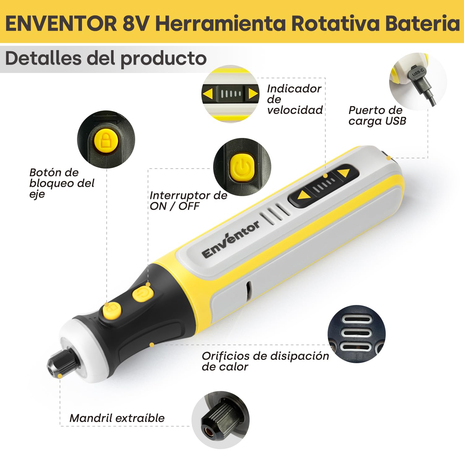 Enventor Mini Amoladora Bateria 8V con 80 Accesorios, Mini Herramienta Rotativa Multifunción con 5 Velocidades Ajustables, 5000-28000RPM, Carga USB, para Grabar, Aamolar, Pulir, Taladrar