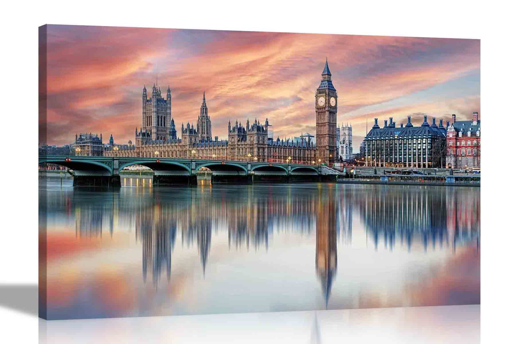 Artley Prints Multicoloured Houses Of Parliament And Big Ben Over Thames River Canvas Wall Art London City Pictures And Prints For Living Room Office And Home Large 86 X 61Cm (34 X 24 Inches) A1