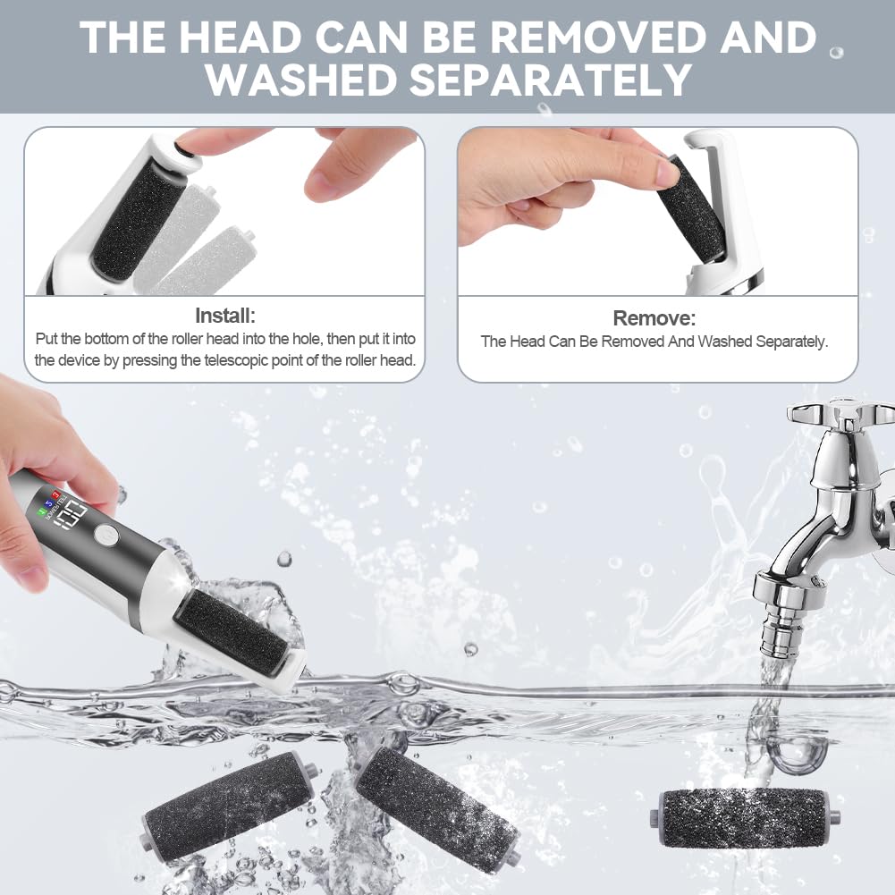 AOOWU Removedor Eléctrico de Callos de Pies, 3 Velocidades Ajustables Profesional Quita Durezas Electrico, Herramientas de Pedicura Recargables con 3 Cabezales de Rodillo Extraíbles para Piel Muerta