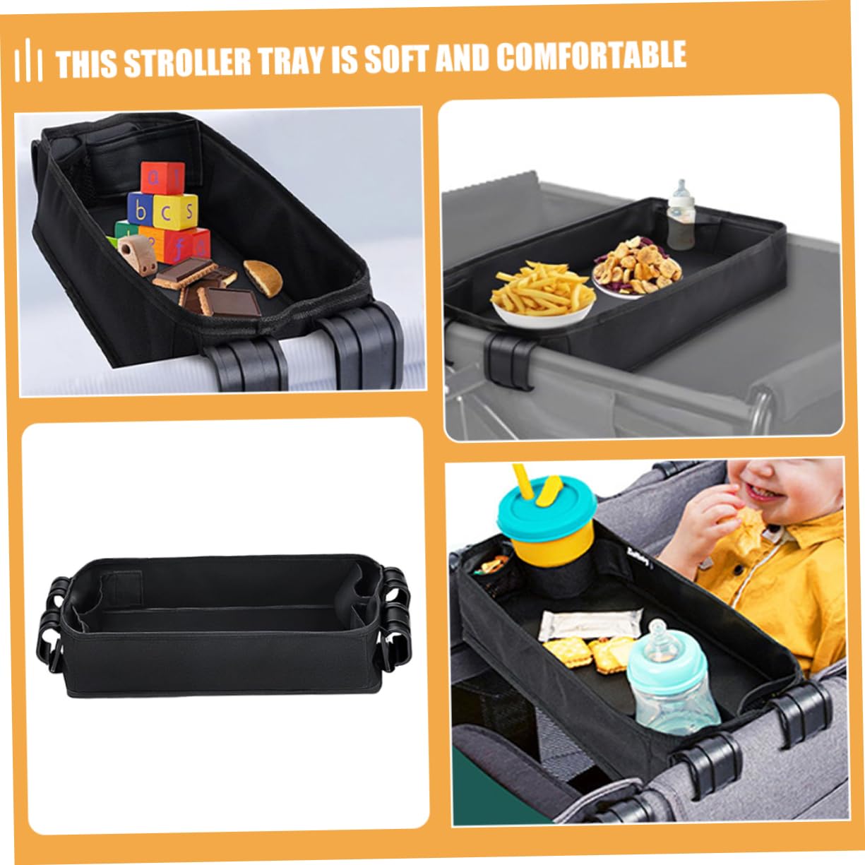 Plateau à Goûter pour Poussette, Accessoire Noir en Toile, Clipsable