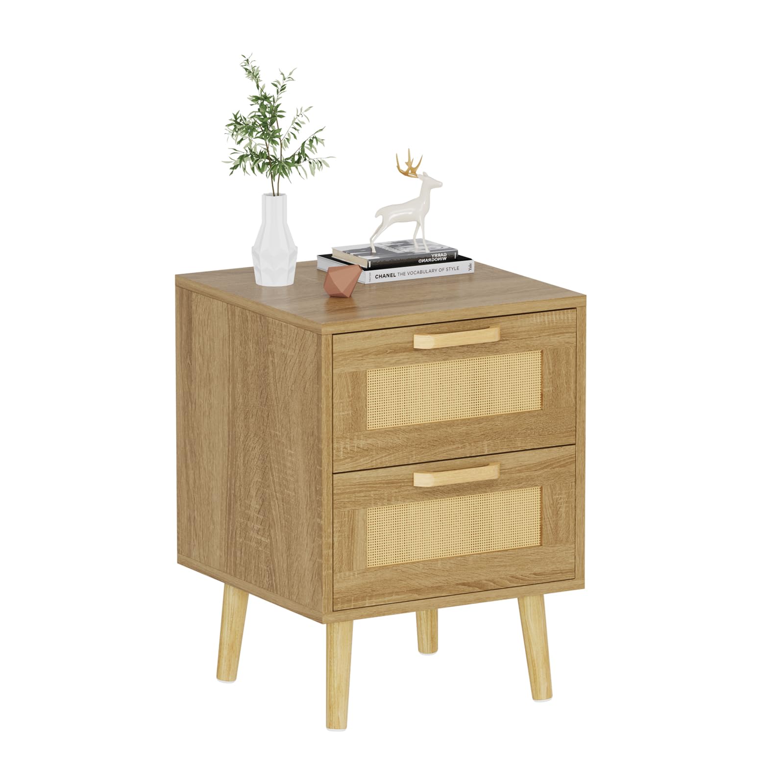BSTSEL Bedside Table Nightstand Cabinet with 2 Rattan Decorated Drawers Non-slip Solid Wood Legs, 40(W)*40(D)*55(H) cm, Wood Side Table with Storage for Bedroom Living Room