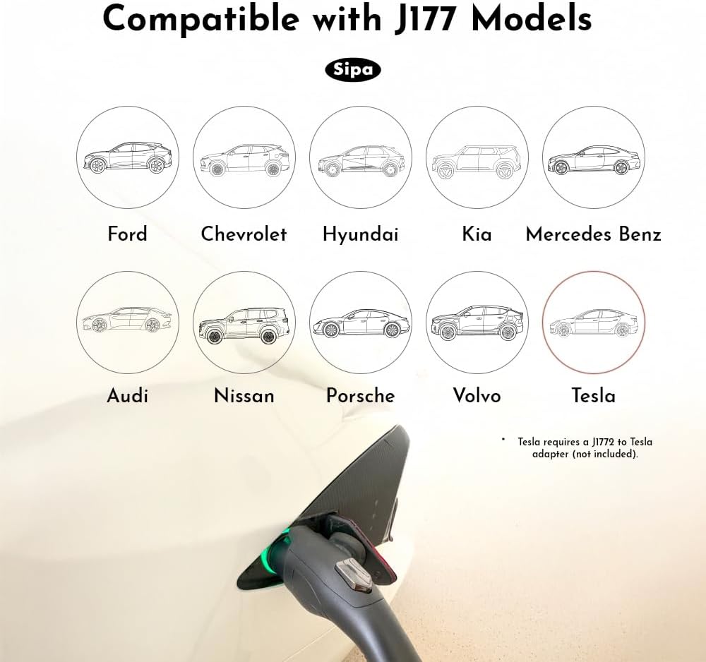 SIPA Level 2 EV Charger, 208-240V, 11.5kw, 48A, J1772 Connector, Fast Charging for All EVs, Indoor/Outdoor, Smart App Control, 25-Foot Cable – Durable, Easy Installation (Silver Gray)