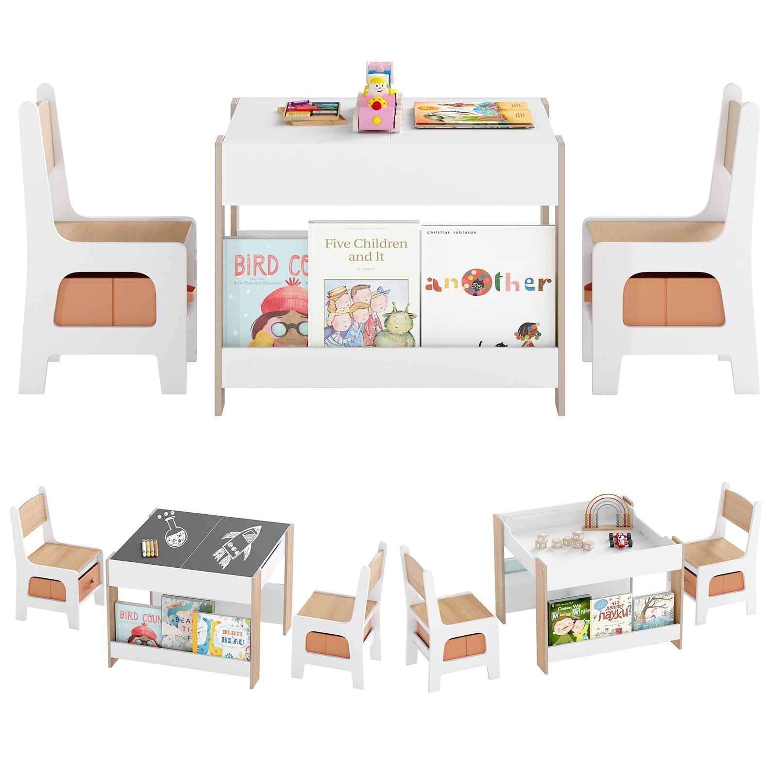 COSTWAY Set Tavolino Bambini e Sedie 4 in 1 con Lavagna Rimovibile (Naturale)