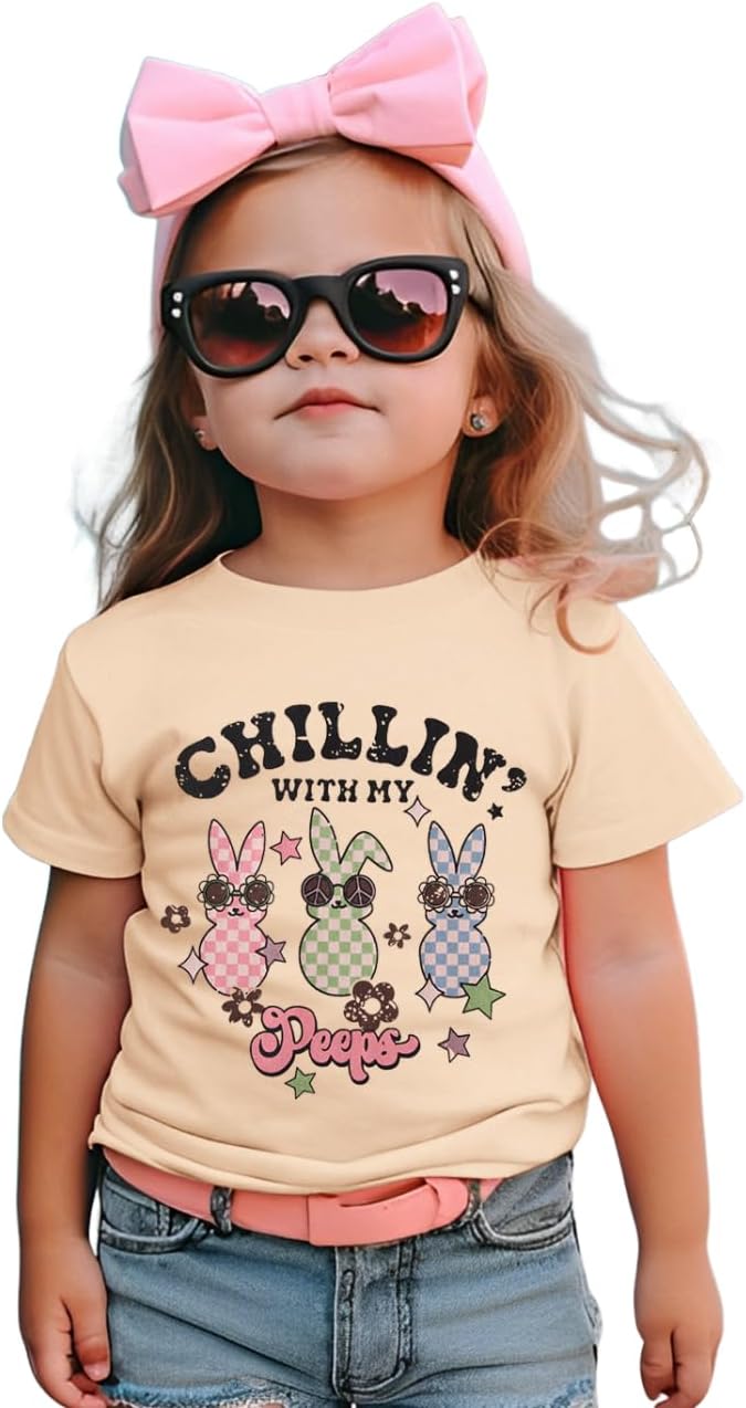 Toddler Baby Girl Easter Shirts Cute Bunny T-Shirt Chillin' with My Peeps Letter Tops Funny Short Sleeve Tees Clothes
