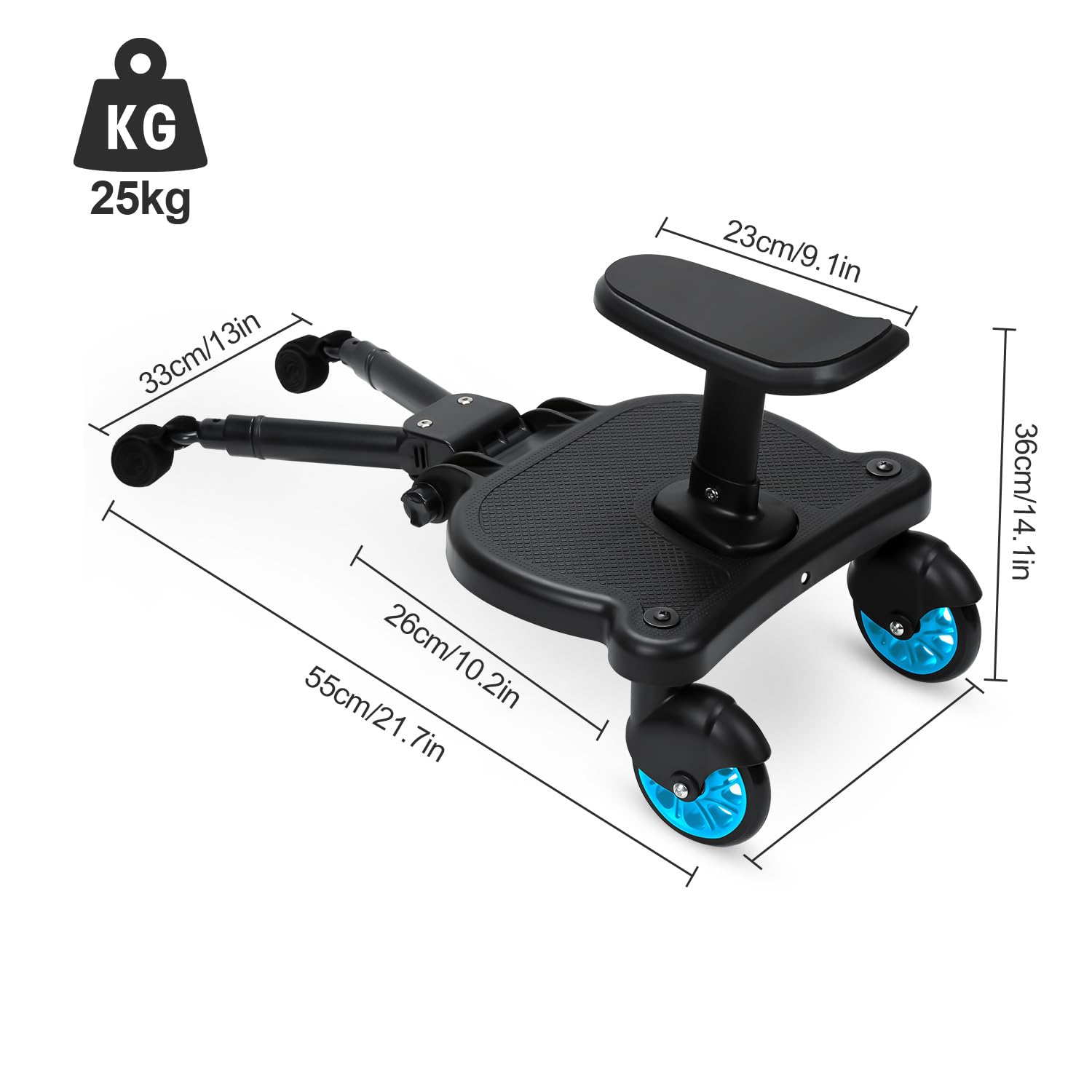 𝗝𝗮𝘅𝗴𝘂𝗼𝗺 Buggy Board mit Sitz, Kiddy Board für Kinderwagen, Universal Trittbrett mit abnehmbarem Sitz, 360 Grad Doppelrad, verstellbar, bis 25 kg, Blau