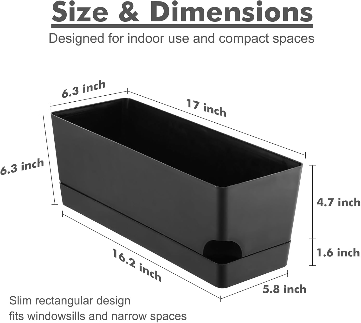 Party Zealot Self Watering Pots for Indoor Plants, 3 Pack Window Boxes Planters 17 Inch Rectangular Planter Rectangle Flower Pots Long Plant Pot Large Window Sill Herb Planter Box, Black