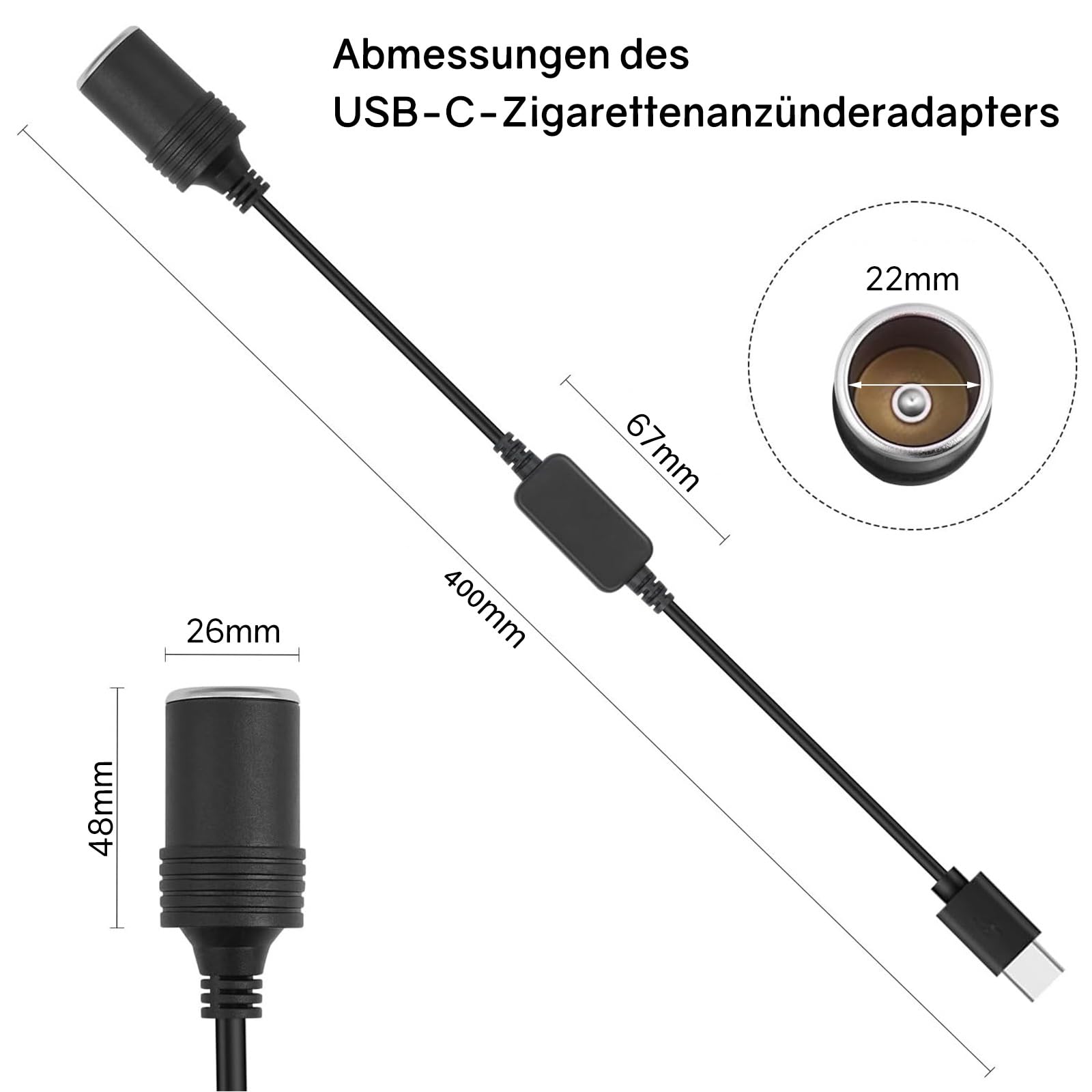 Powice Adapter USB C do gniazda zapalniczki samochodowej, 12 W, wtyczka USB C na 12 V, adapter do gniazda zapalniczki samochodowej, streamingu, lusterka wstecznego, kamery rozdzielczej, GPS, taśmy