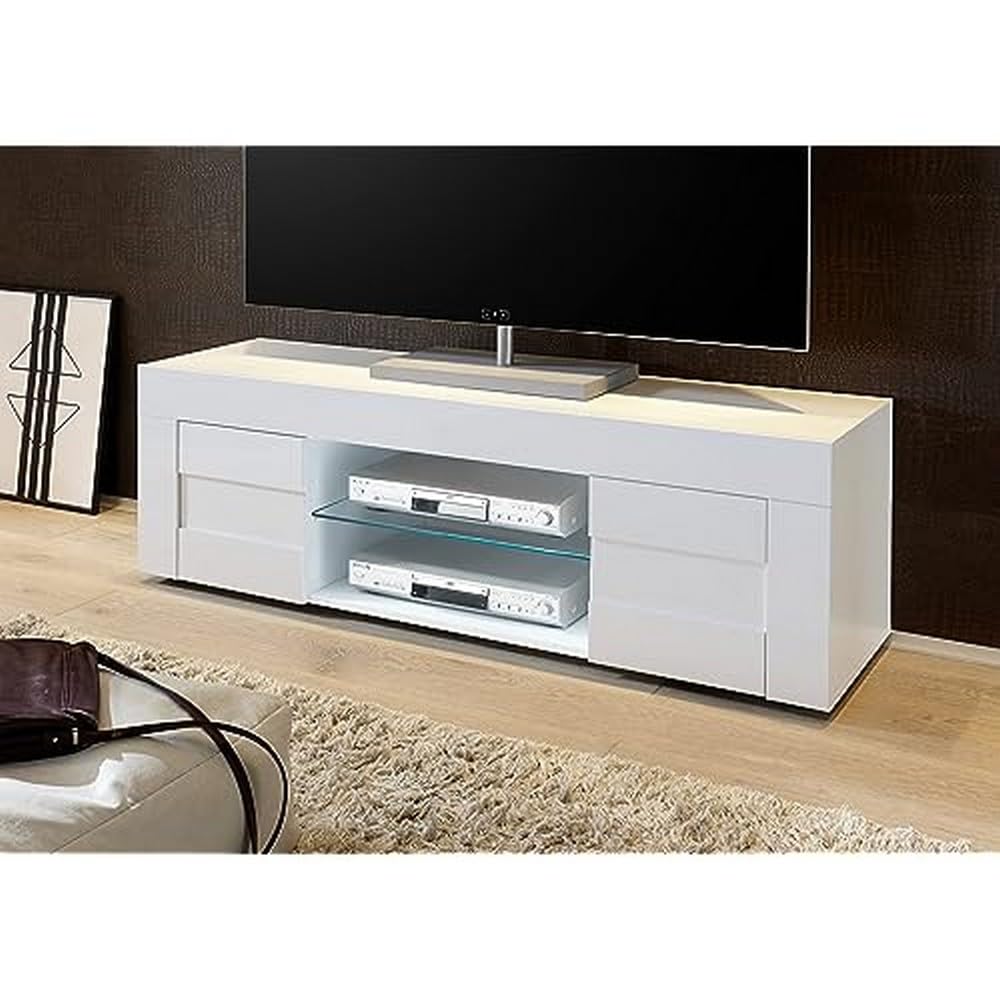 LC SpaSmall TV Base Easy 2 Doors + Central Open Compartment with Glass Shelf, Wood, Glossy White, 138 x 44 x 42 cm