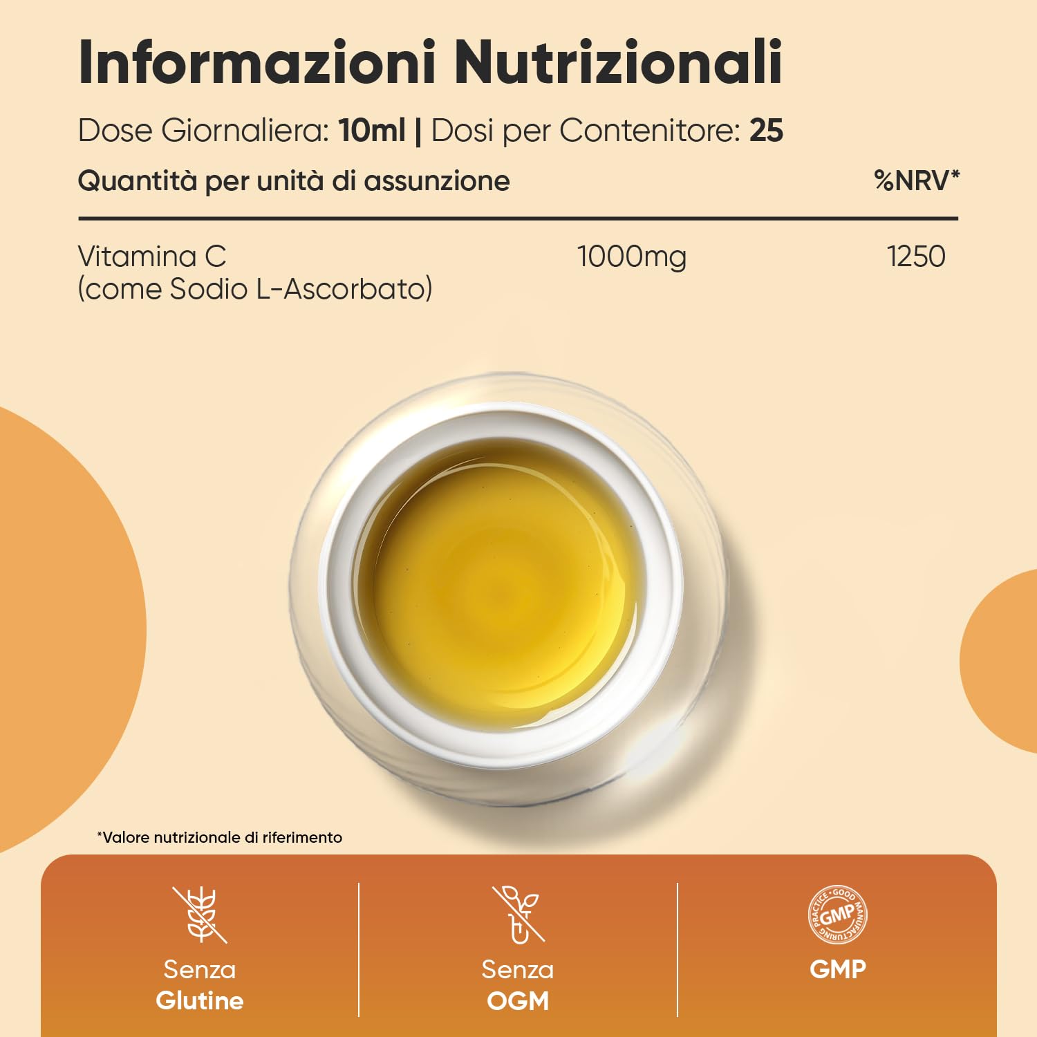 Vitamina C Liposomiale Vegan Liquida 250ml, Vitamina C 1000mg Alto Dosaggio, Stanchezza e Affaticamento, Aroma Naturale Arancia