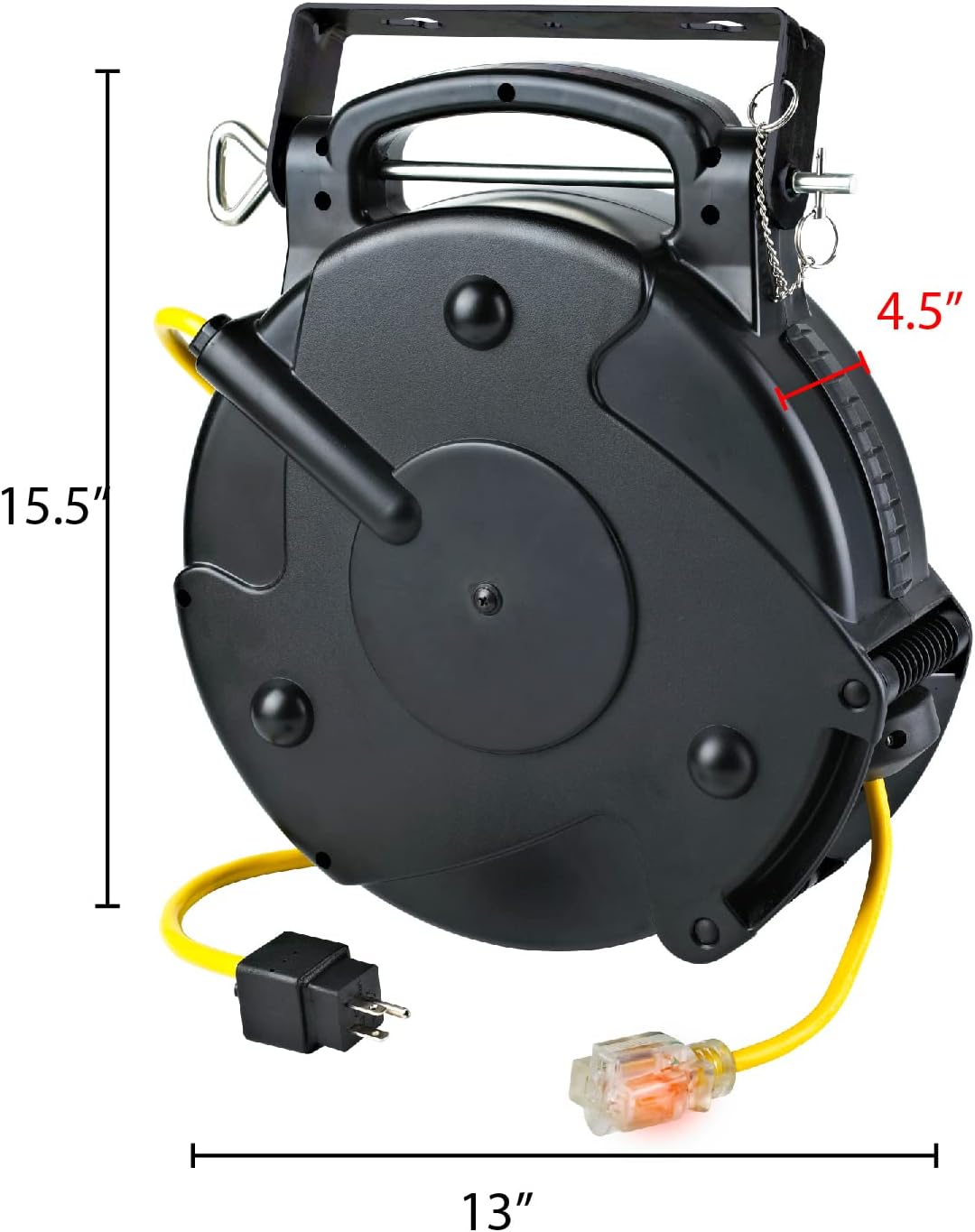 Alert ProReel Professional Grade ProReel 8665TFS Heavy Duty Retractable Extension Cord Reel | 65 Foot 12/3 SJTOW 15 Amp Single Tap Industrial Cord | Clear 5-15/20R Receptacle with Power On Indicator