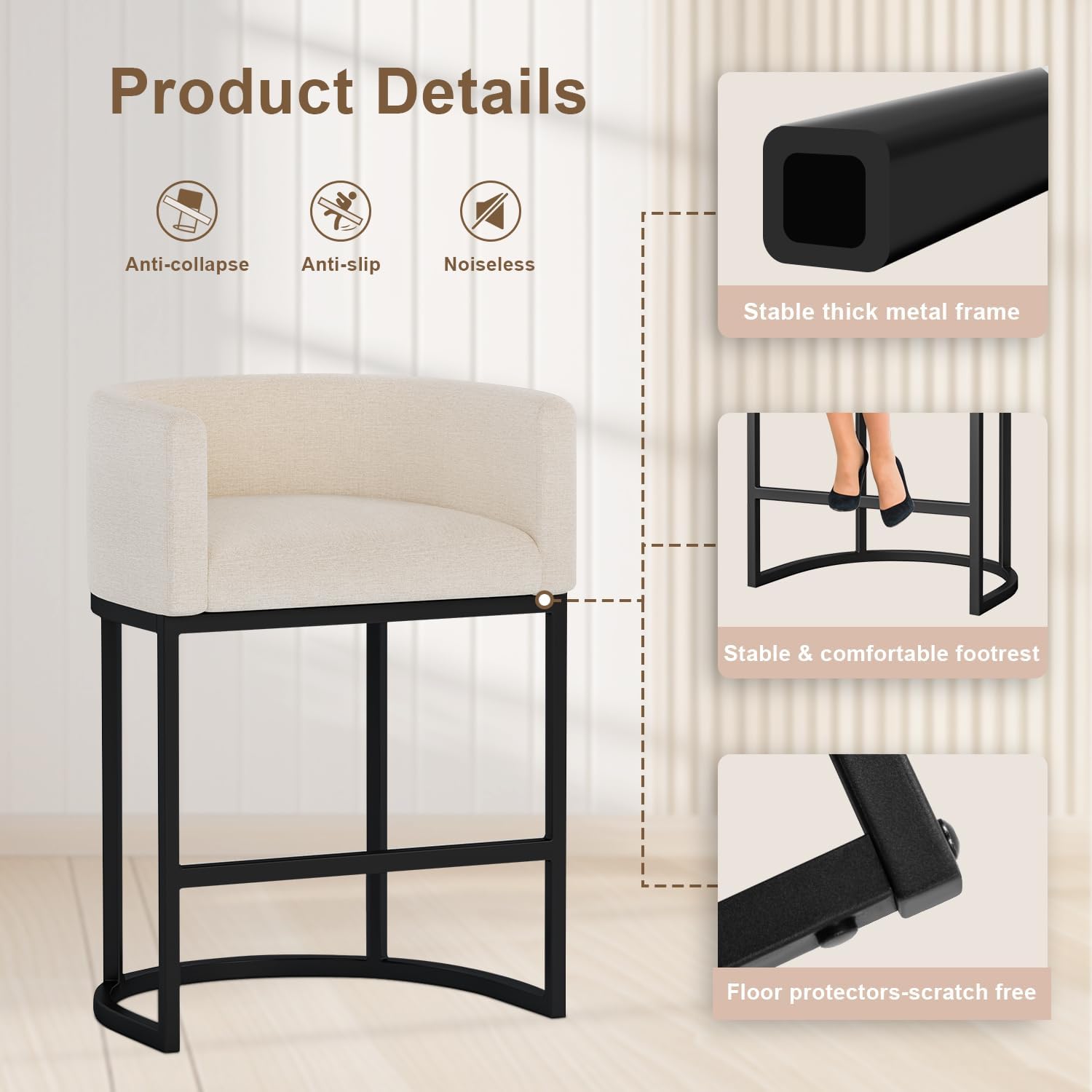 26" H Counter Height Bar Stools Set of 3, Modern Barrel Counter Stools with Backrest and Arms, Linen Fabric Upholstered Accent Barstools for Kitchen Island,Support 450 LBS (Beige)