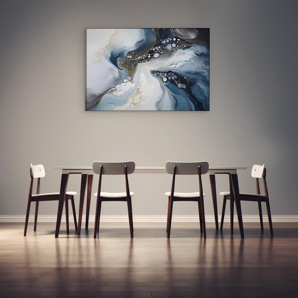 Canvas for Living Room. A Symphony of Colors: The Luxurious Dance of Blue, White, Black, and Gold in Abstract Art, 27 x 18 inch Canvas Wall Art - Ready to Hang